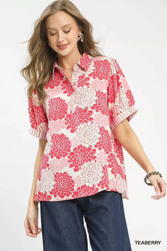 Umgee Floral Collared Short Sleeve Blouse - Image 1