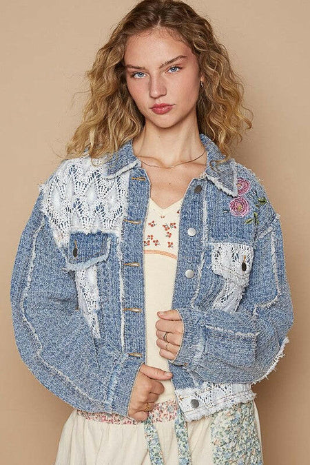 POL Crochet Patch Embroidered Button Up Jacket | Sleekdenim.com