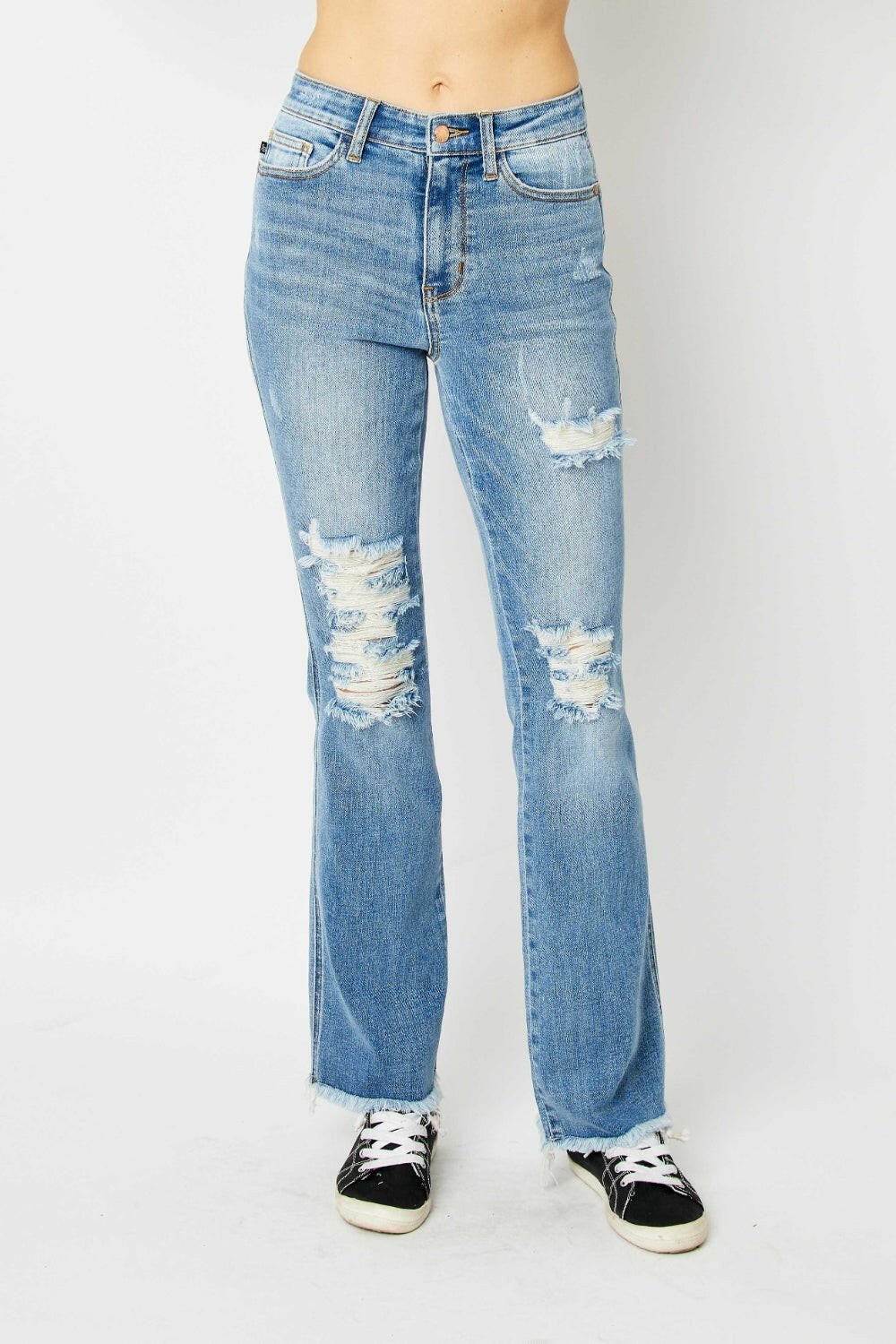 Judy Blue Full Size Distressed Raw Hem Bootcut Jeans | Sleekdenim.com