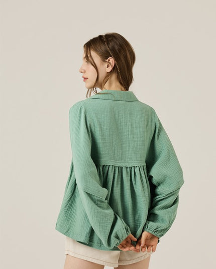 Plus V-neck Bubble Slv Cotton gauze Babydoll Top - Sleekdenim.com