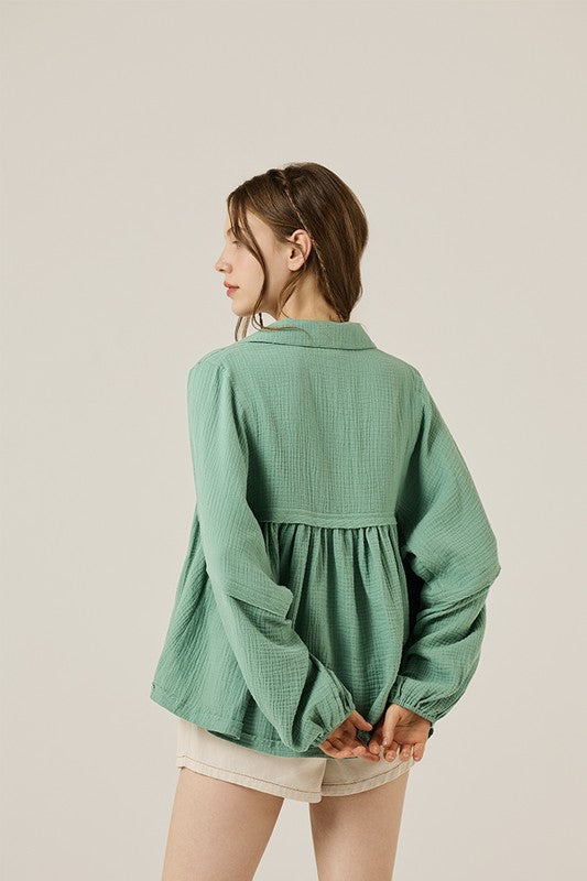 Plus V-neck Bubble Slv Cotton gauze Babydoll Top - Sleekdenim.com