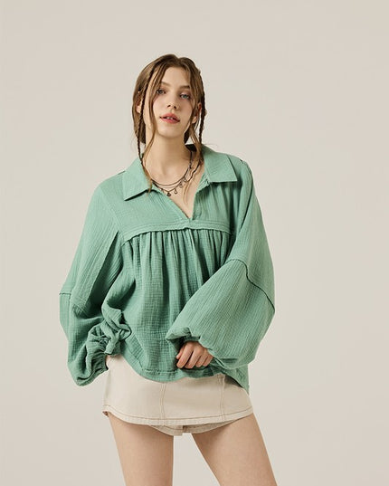 Plus V-neck Bubble Slv Cotton gauze Babydoll Top - Sleekdenim.com