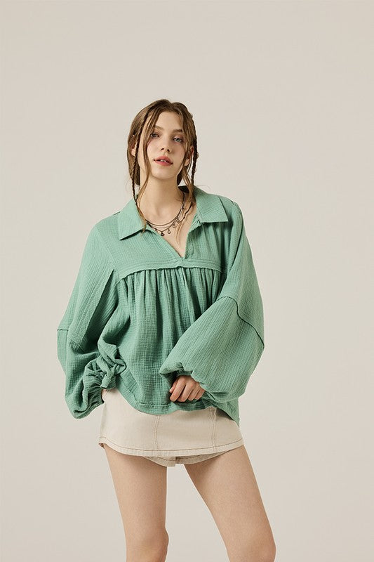 Plus V-neck Bubble Slv Cotton gauze Babydoll Top - Sleekdenim.com