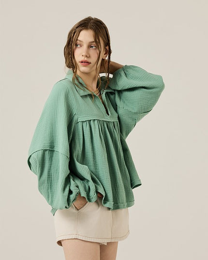 Plus V-neck Bubble Slv Cotton gauze Babydoll Top - Sleekdenim.com