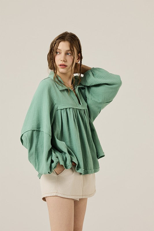 Plus V-neck Bubble Slv Cotton gauze Babydoll Top - Sleekdenim.com