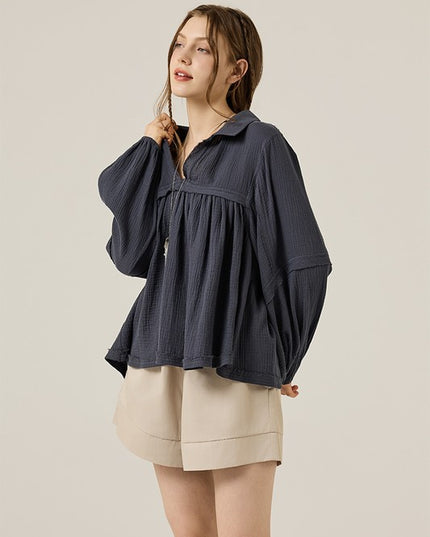 Plus V-neck Bubble Slv Cotton gauze Babydoll Top - Sleekdenim.com