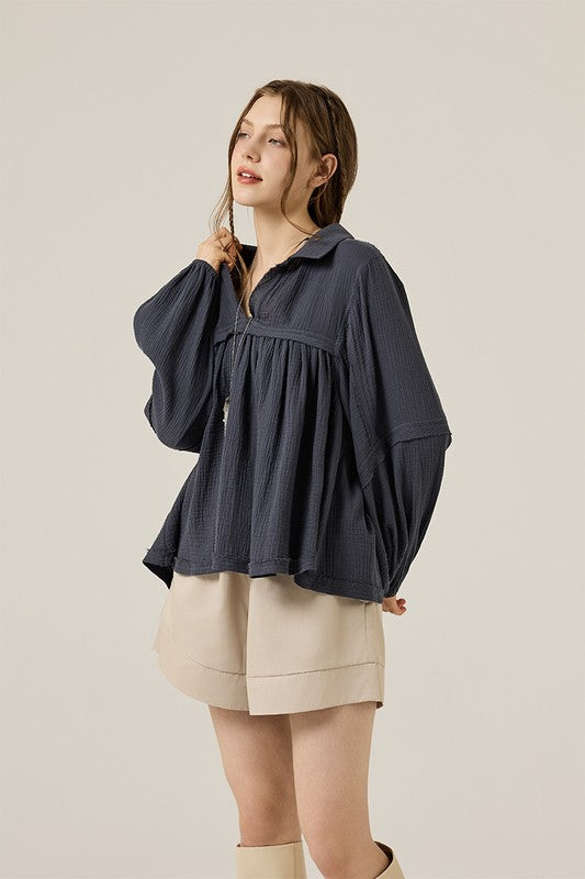 Plus V-neck Bubble Slv Cotton gauze Babydoll Top - Sleekdenim.com