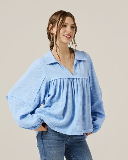 Plus V-neck Bubble Slv Cotton gauze Babydoll Top - Sleekdenim.com