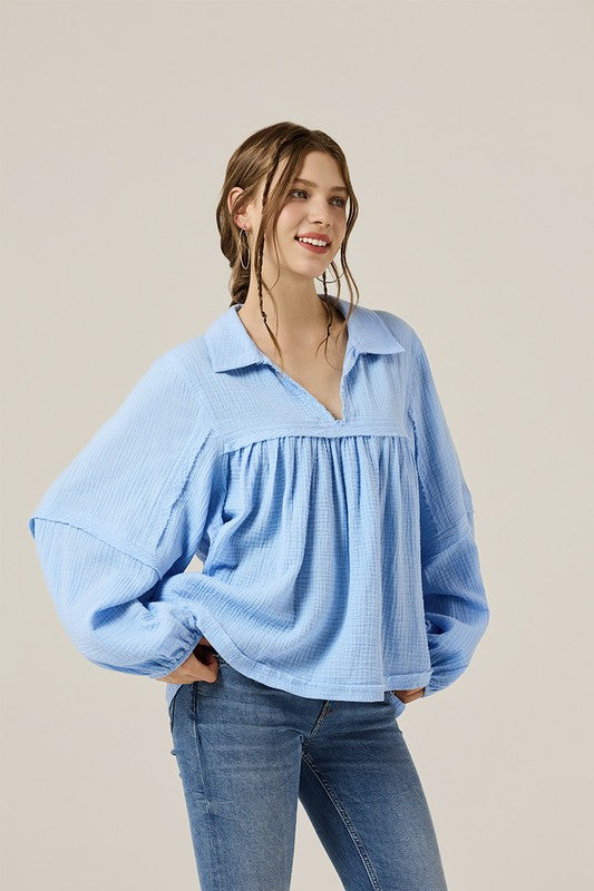 Plus V-neck Bubble Slv Cotton gauze Babydoll Top - Sleekdenim.com