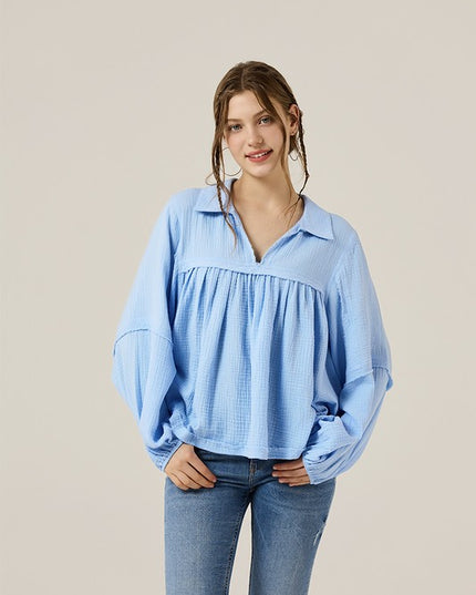 Plus V-neck Bubble Slv Cotton gauze Babydoll Top - Sleekdenim.com
