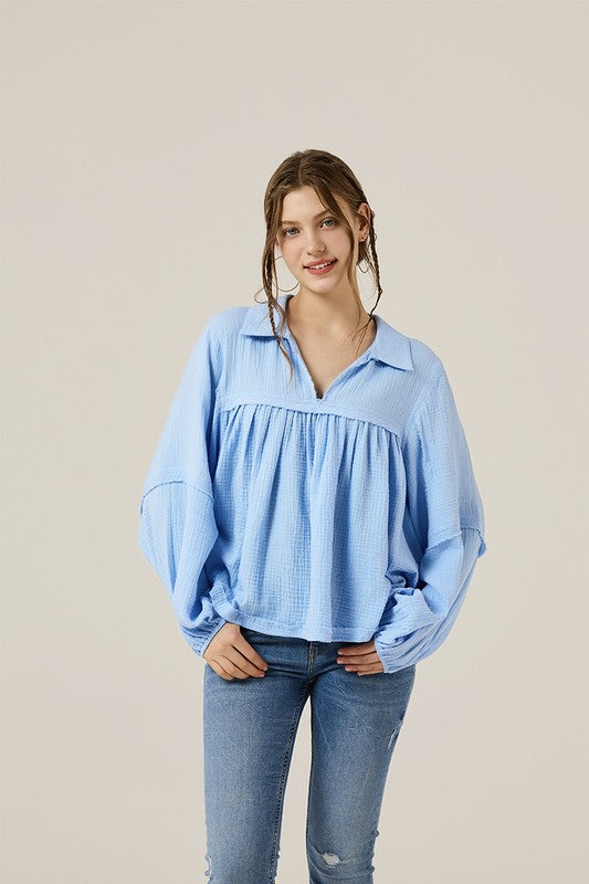 Plus V-neck Bubble Slv Cotton gauze Babydoll Top - Sleekdenim.com