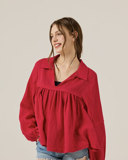 Plus V-neck Bubble Slv Cotton gauze Babydoll Top - Sleekdenim.com