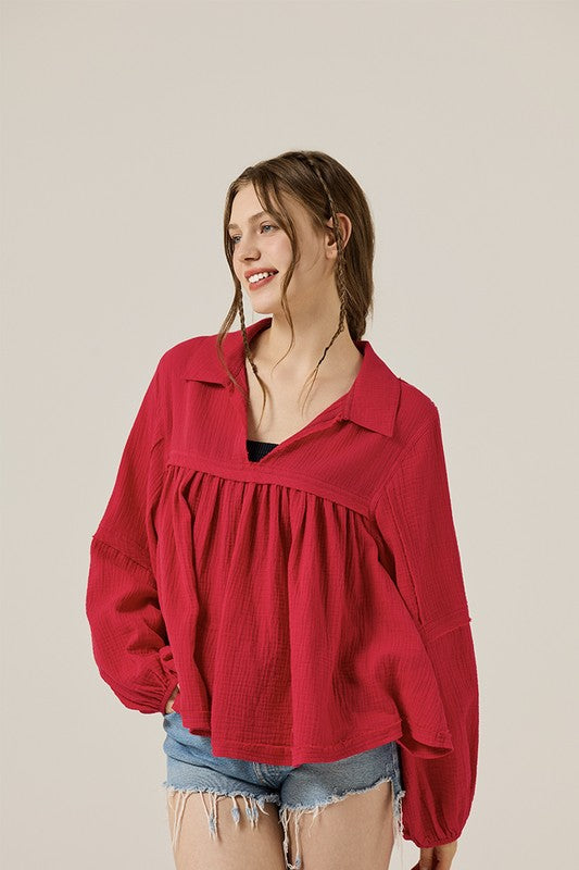 Plus V-neck Bubble Slv Cotton gauze Babydoll Top - Sleekdenim.com