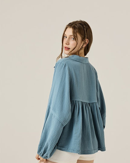 Plus V-neck Bubble Slv Cotton gauze Babydoll Top - Sleekdenim.com