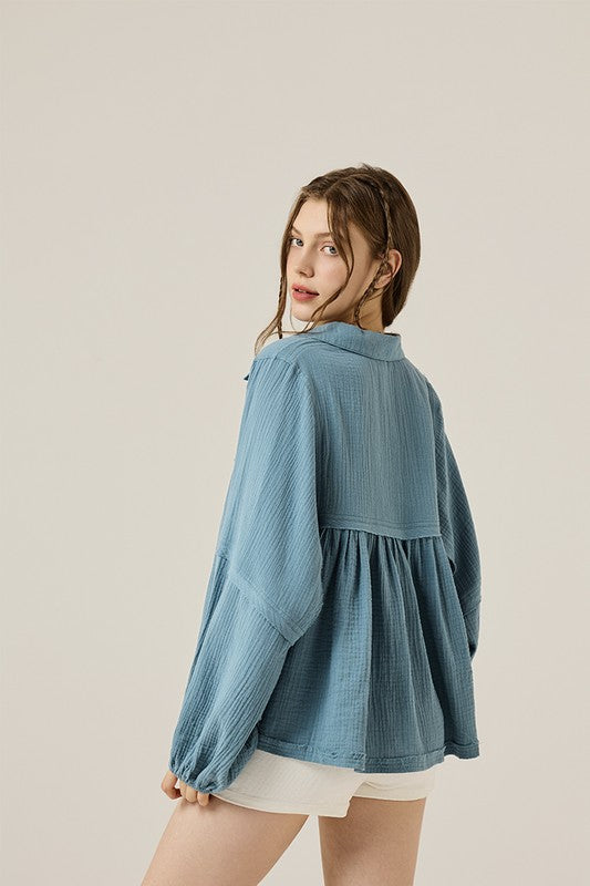 Plus V-neck Bubble Slv Cotton gauze Babydoll Top - Sleekdenim.com