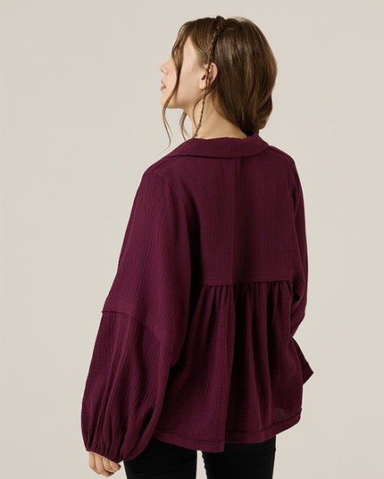 Plus V-neck Bubble Slv Cotton gauze Babydoll Top - Sleekdenim.com