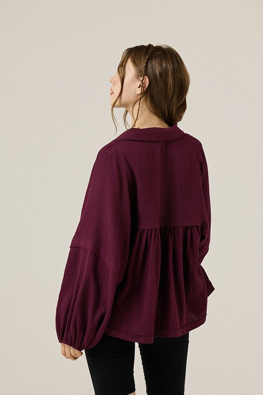 Plus V-neck Bubble Slv Cotton gauze Babydoll Top - Sleekdenim.com