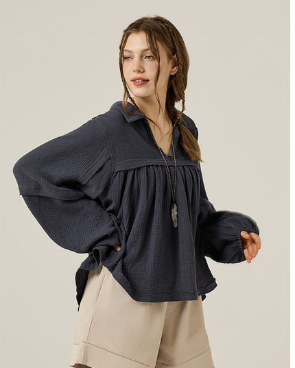 Plus V-neck Bubble Slv Cotton gauze Babydoll Top - Sleekdenim.com