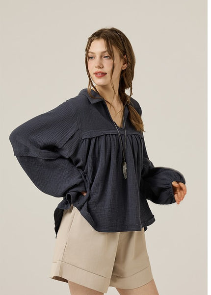 Plus V-neck Bubble Slv Cotton gauze Babydoll Top - Sleekdenim.com