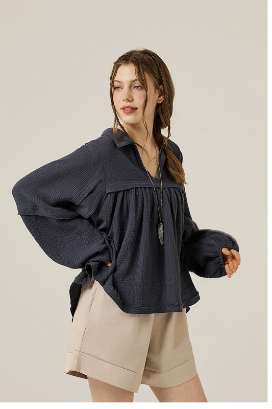 Plus V-neck Bubble Slv Cotton gauze Babydoll Top - Sleekdenim.com