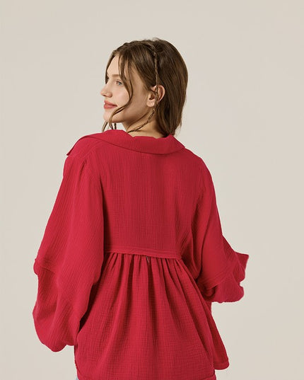 Plus V-neck Bubble Slv Cotton gauze Babydoll Top - Sleekdenim.com