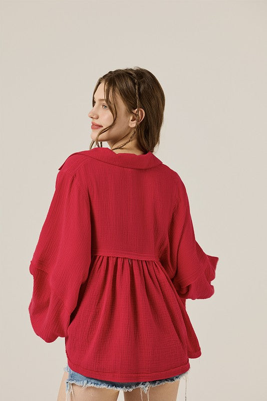 Plus V-neck Bubble Slv Cotton gauze Babydoll Top - Sleekdenim.com