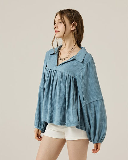 Plus V-neck Bubble Slv Cotton gauze Babydoll Top - Sleekdenim.com