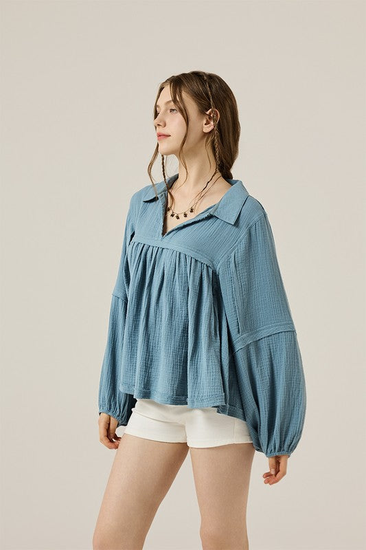 Plus V-neck Bubble Slv Cotton gauze Babydoll Top - Sleekdenim.com