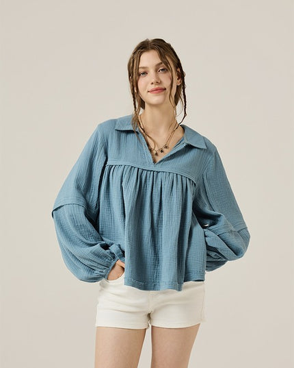 Plus V-neck Bubble Slv Cotton gauze Babydoll Top - Sleekdenim.com