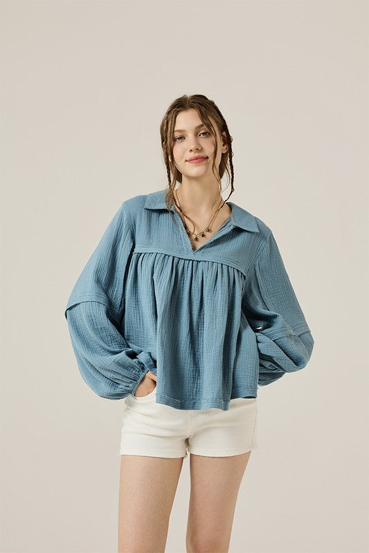 Plus V-neck Bubble Slv Cotton gauze Babydoll Top - Sleekdenim.com