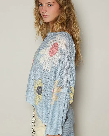 POL Flower Dropped Shoulder Long Sleeve Knit Top - Sleekdenim.com
