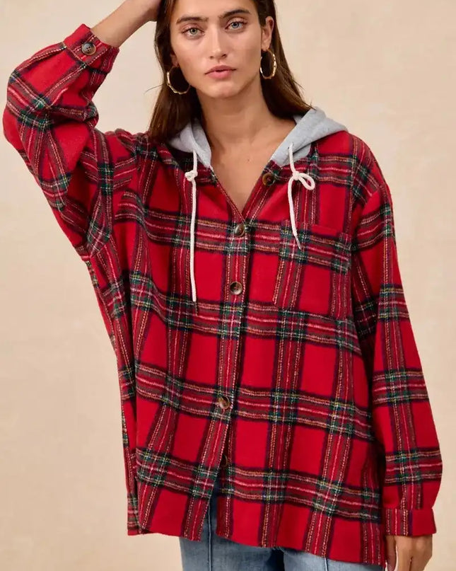 BiBi Brushed Plaid Hooded Jacket - Sleekdenim.com