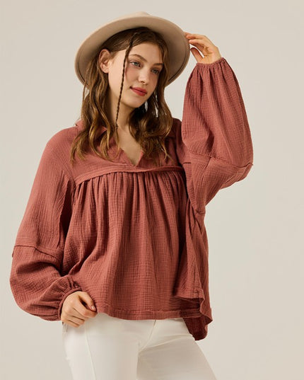 Plus V-neck Bubble Slv Cotton gauze Babydoll Top - Sleekdenim.com