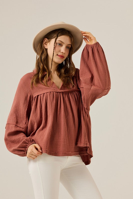 Plus V-neck Bubble Slv Cotton gauze Babydoll Top - Sleekdenim.com