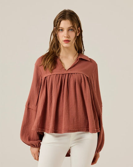 Plus V-neck Bubble Slv Cotton gauze Babydoll Top - Sleekdenim.com