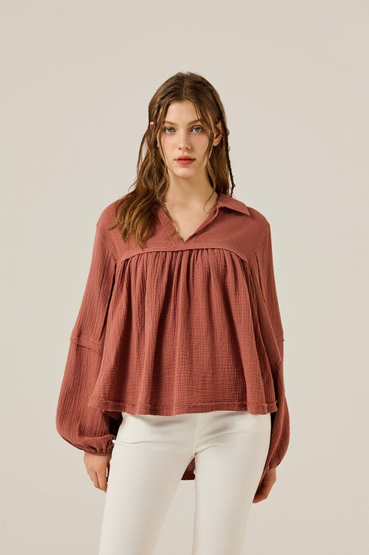 Plus V-neck Bubble Slv Cotton gauze Babydoll Top - Sleekdenim.com