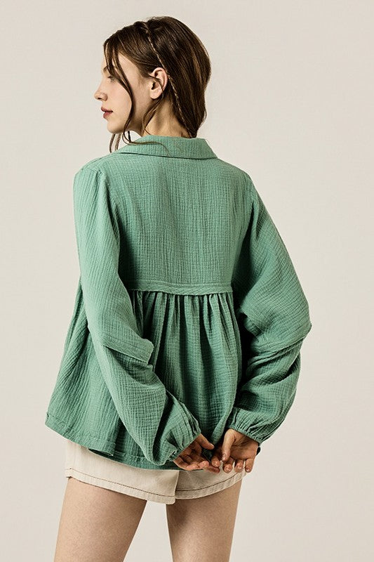 V-neck Bubble Sleeve Cotton gauze Babydoll Top - Sleekdenim.com