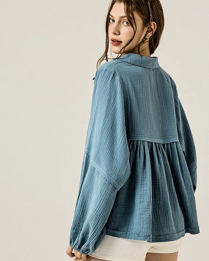 V-neck Bubble Sleeve Cotton gauze Babydoll Top - Sleekdenim.com