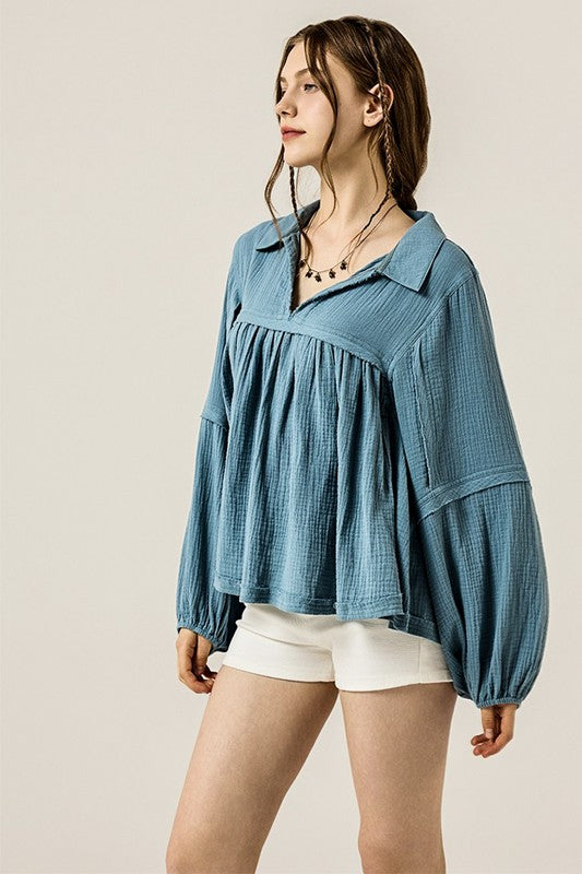 V-neck Bubble Sleeve Cotton gauze Babydoll Top - Sleekdenim.com
