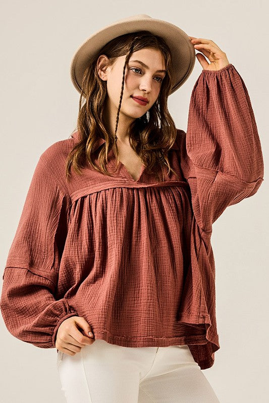 V-neck Bubble Sleeve Cotton gauze Babydoll Top - Sleekdenim.com