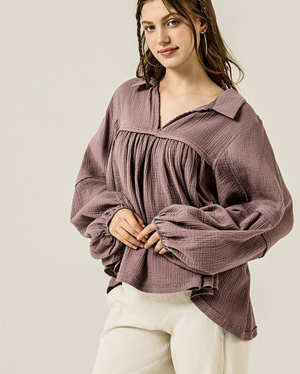 V-neck Bubble Sleeve Cotton gauze Babydoll Top - Sleekdenim.com