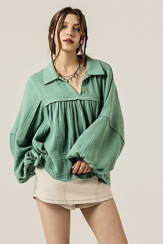 V-neck Bubble Sleeve Cotton gauze Babydoll Top - Sleekdenim.com