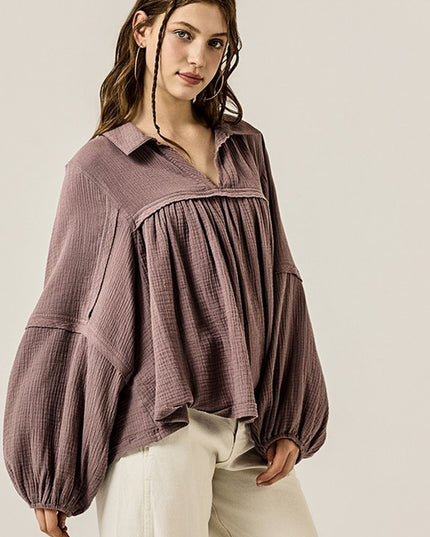 V-neck Bubble Sleeve Cotton gauze Babydoll Top - Sleekdenim.com