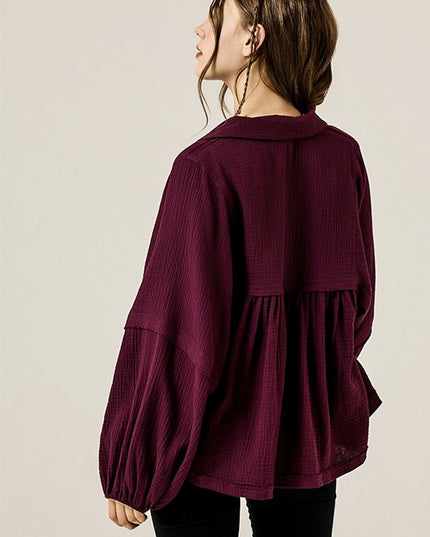 V-neck Bubble Sleeve Cotton gauze Babydoll Top - Sleekdenim.com