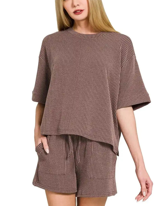 Zenana Raised Rib Short Sleeve Tee and Drawstring Shorts Set - Sleekdenim.com