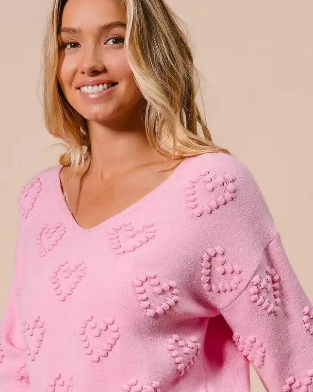 BiBi Valentines Heart Pompom V Neck Knit Top - Sleekdenim.com