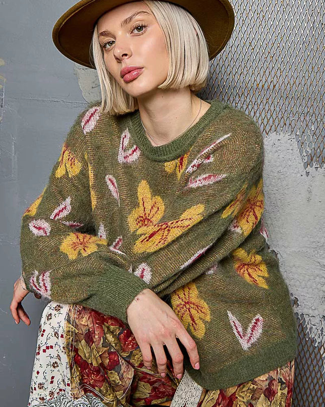 POL Floral Pattern Round Neck Balloon Sleeve Sweater - Sleekdenim.com