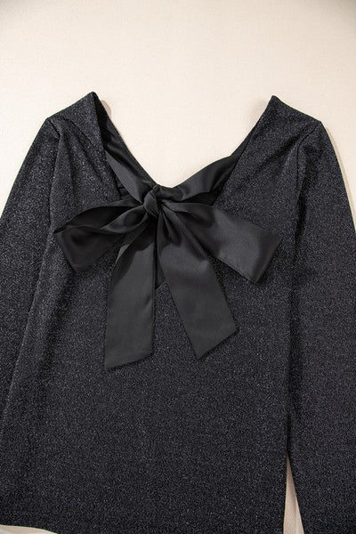 Sweet Bowknot Backless V Neck Long Sleeve Top | Sleekdenim.com