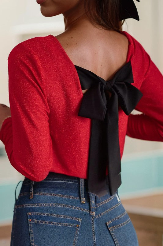 Sweet Bowknot Backless V Neck Long Sleeve Top | Sleekdenim.com