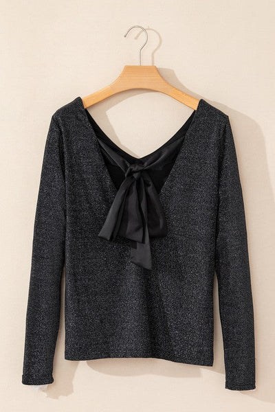 Sweet Bowknot Backless V Neck Long Sleeve Top | Sleekdenim.com